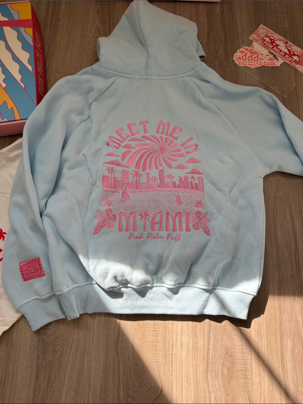 Pink Palm Puff Meet me in Miami Logo Light Blue Hoodie - Pink Embroidery - Picture 7 of 7